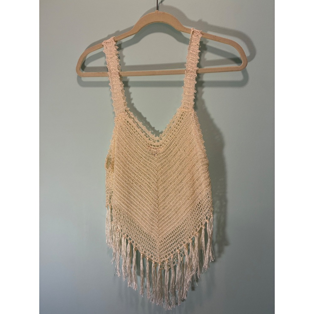 Earthbound Trading Co Ivory Crochet Knit Fringe Tank Top Boho Festival Large - Picture 2 of 5